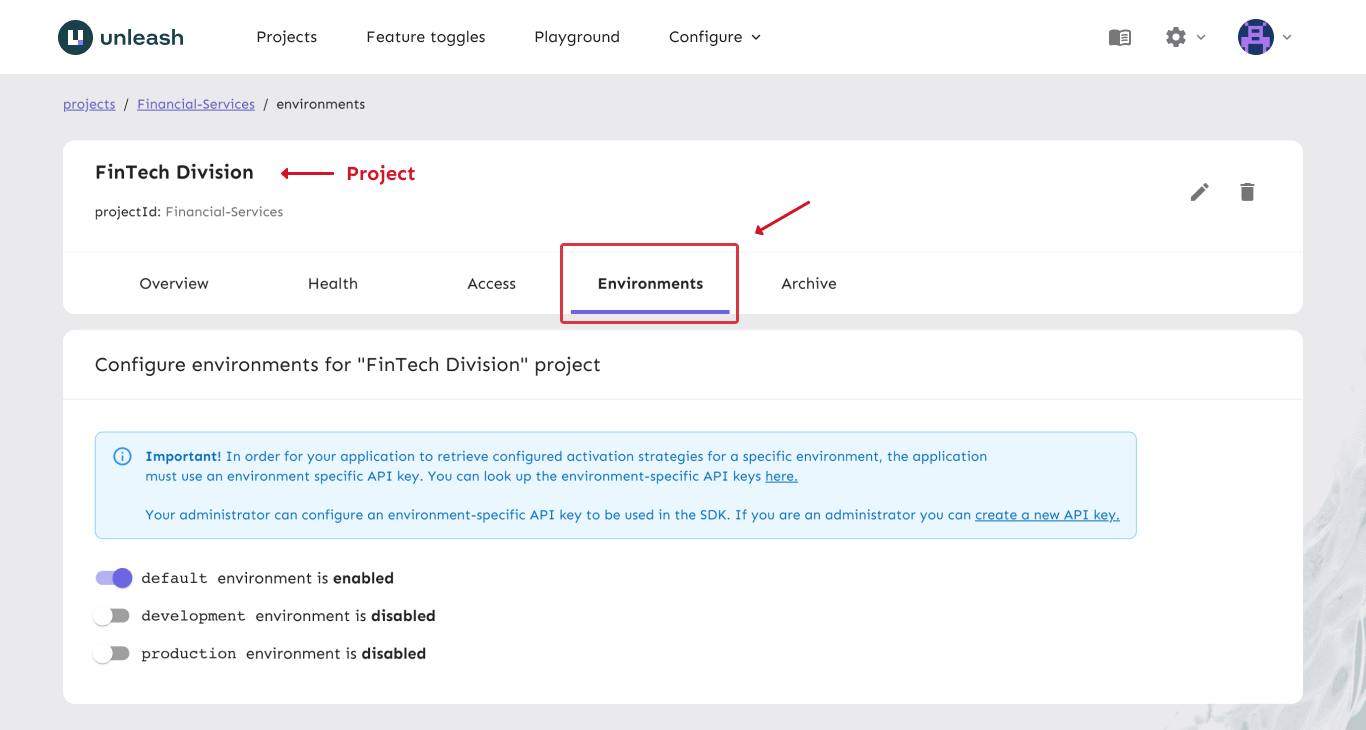 A project view showing the Environments tab. The UI displays three environment flags: &quot;default&quot;, &quot;development&quot;, and &quot;production&quot;. The &quot;default&quot; environment is enabled.